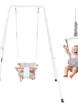 Toddler Swing and Jumper, 2 in 1 Swing Set and Bouncer, Soft Cushion with Foldable A-Frame Metal Stand, Heavy-Duty Thick Ropes, Easy to Install and Store, for Indoor or Outdoor Play, Gray