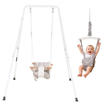 Toddler Swing and Jumper, 2 in 1 Swing Set and Bouncer, Soft Cushion with Foldable A-Frame Metal Stand, Heavy-Duty Thick Ropes, Easy to Install and Store, for Indoor or Outdoor Play, Gray