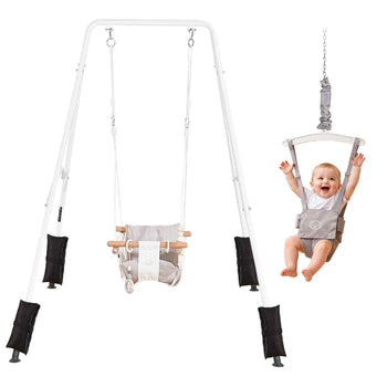 Toddler Swing and Jumper, 2 in 1 Swing Set and Bouncer, Soft Cushion with Foldable A-Frame Metal Stand, Heavy-Duty Thick Ropes, Easy to Install and Store, for Indoor or Outdoor Play, Gray