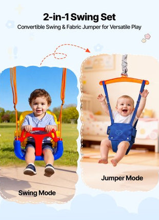 Toddler Swing and Jumper, 2 in 1 Swing Set and Bouncer, Thick Plastic Seat with Foldable A-Frame Metal Stand, Reinforced with 4 Sandbags, Easy to Install and Store, for Indoor or Outdoor Play