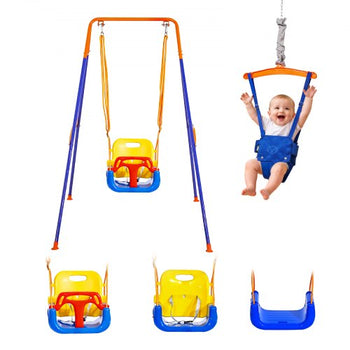 Toddler Swing and Jumper, 2 in 1 Swing Set and Bouncer, Thick Plastic Seat with Foldable A-Frame Metal Stand, Reinforced with 4 Sandbags, Easy to Install and Store, for Indoor or Outdoor Play