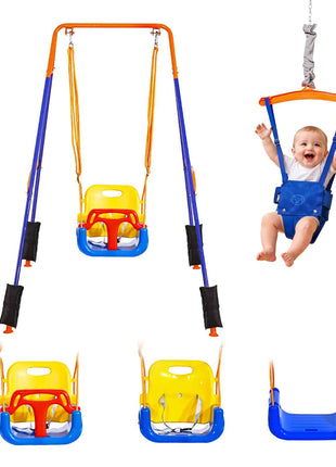 Toddler Swing and Jumper, 2 in 1 Swing Set and Bouncer, Thick Plastic Seat with Foldable A-Frame Metal Stand, Reinforced with 4 Sandbags, Easy to Install and Store, for Indoor or Outdoor Play