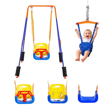 Toddler Swing and Jumper, 2 in 1 Swing Set and Bouncer, Thick Plastic Seat with Foldable A-Frame Metal Stand, Reinforced with 4 Sandbags, Easy to Install and Store, for Indoor or Outdoor Play