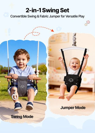 Toddler Swing and Jumper, 2 in 1 Swing Set and Bouncer, Soft Cushion with Foldable A-Frame Metal Stand, Heavy-Duty Thick Ropes, Easy to Install and Store, for Indoor or Outdoor Play, Black
