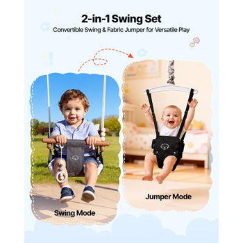 Toddler Swing and Jumper, 2 in 1 Swing Set and Bouncer, Soft Cushion with Foldable A-Frame Metal Stand, Heavy-Duty Thick Ropes, Easy to Install and Store, for Indoor or Outdoor Play, Black