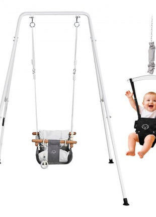 Toddler Swing and Jumper, 2 in 1 Swing Set and Bouncer, Soft Cushion with Foldable A-Frame Metal Stand, Heavy-Duty Thick Ropes, Easy to Install and Store, for Indoor or Outdoor Play, Black