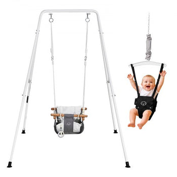 Toddler Swing and Jumper, 2 in 1 Swing Set and Bouncer, Soft Cushion with Foldable A-Frame Metal Stand, Heavy-Duty Thick Ropes, Easy to Install and Store, for Indoor or Outdoor Play, Black