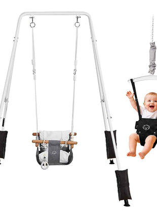 Toddler Swing and Jumper, 2 in 1 Swing Set and Bouncer, Soft Cushion with Foldable A-Frame Metal Stand, Heavy-Duty Thick Ropes, Easy to Install and Store, for Indoor or Outdoor Play, Black