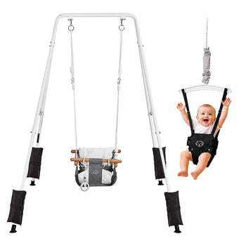 Toddler Swing and Jumper, 2 in 1 Swing Set and Bouncer, Soft Cushion with Foldable A-Frame Metal Stand, Heavy-Duty Thick Ropes, Easy to Install and Store, for Indoor or Outdoor Play, Black