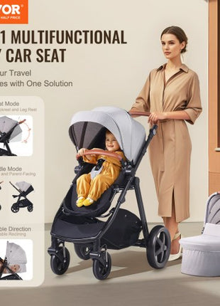 Travel System Stroller with Infant Bassinet, 2-in-1 Baby Cradle Stroller Combo, Reversible Seat, Easy One-button Folding, EVA Tires with Brake Aluminum Stroller Carseat Combo Set (Light Gray)