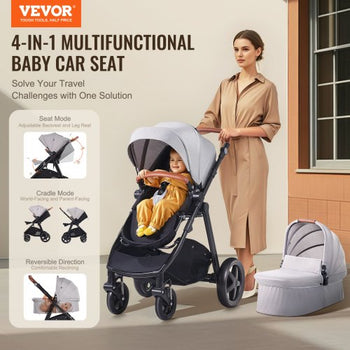 Travel System Stroller with Infant Bassinet, 2-in-1 Baby Cradle Stroller Combo, Reversible Seat, Easy One-button Folding, EVA Tires with Brake Aluminum Stroller Carseat Combo Set (Light Gray)