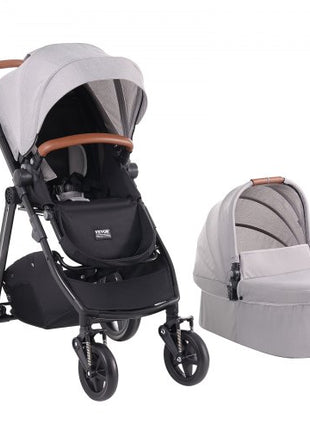 Travel System Stroller with Infant Bassinet, 2-in-1 Baby Cradle Stroller Combo, Reversible Seat, Easy One-button Folding, EVA Tires with Brake Aluminum Stroller Carseat Combo Set (Light Gray)