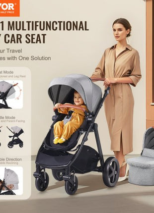 Travel System Stroller with Infant Bassinet, 2-in-1 Baby Cradle Stroller Combo, Reversible Seat, Easy One-button Folding, EVA Tires with Brake Aluminum Stroller Carseat Combo Set (Dark Gray)