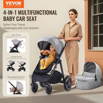 Travel System Stroller with Infant Bassinet, 2-in-1 Baby Cradle Stroller Combo, Reversible Seat, Easy One-button Folding, EVA Tires with Brake Aluminum Stroller Carseat Combo Set (Dark Gray)