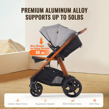 Travel System Stroller with Infant Bassinet, 2-in-1 Baby Cradle Stroller Combo, Reversible Seat, Easy One-button Folding, EVA Tires with Brake Aluminum Stroller Carseat Combo Set (Dark Gray)