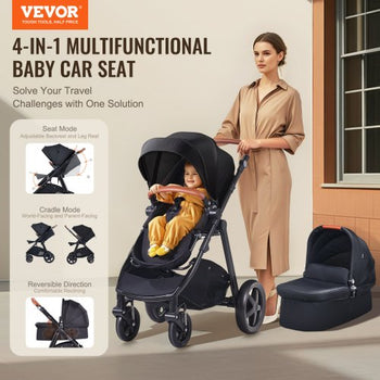 Travel System Stroller with Infant Bassinet, 2-in-1 Baby Cradle Stroller Combo, Reversible Seat, Easy One-button Folding, EVA Tires with Brake Aluminum Stroller Carseat Combo Set (Black)