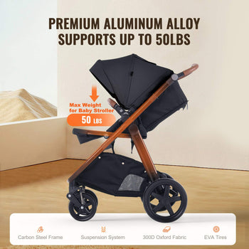 Travel System Stroller with Infant Bassinet, 2-in-1 Baby Cradle Stroller Combo, Reversible Seat, Easy One-button Folding, EVA Tires with Brake Aluminum Stroller Carseat Combo Set (Black)