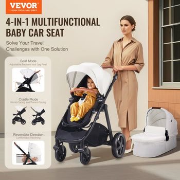 Travel System Stroller with Infant Bassinet, 2-in-1 Baby Cradle Stroller Combo, Reversible Seat, Easy One-button Folding, EVA Tires with Brake Aluminum Stroller Carseat Combo Set (White)