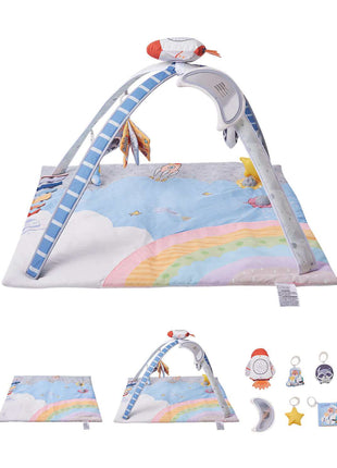Baby Play Gym Mat, Tummy Time Mat with 6 Sensory Toys, Baby Activity Mat with Light-up Musical Rocket Toy for 0-18 Month Newborn Infant, Baby Essential Gift for Sensory & Motor Skill Development