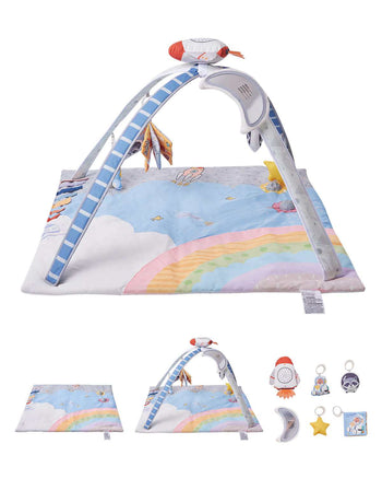Baby Play Gym Mat, Tummy Time Mat with 6 Sensory Toys, Baby Activity Mat with Light-up Musical Rocket Toy for 0-18 Month Newborn Infant, Baby Essential Gift for Sensory & Motor Skill Development