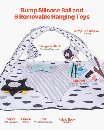 Baby Play Gym Mat, Tummy Time Mat with 6 Sensory Toys, Baby Activity Mat with 2 Touch Balls & Soft Fabric for Sensory & Motor Skill Development, Baby Essential Gift for 0-18 Month Newborn Infant