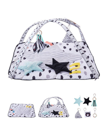 Baby Play Gym Mat, Tummy Time Mat with 6 Sensory Toys, Baby Activity Mat with 2 Touch Balls & Soft Fabric for Sensory & Motor Skill Development, Baby Essential Gift for 0-18 Month Newborn Infant
