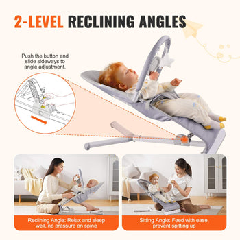 Baby Bouncer, Folding Bouncer Seat for Babies 0-9 Months, Newborn Bouncer Chair with 2 Reclining Angles & Rotatable Toy Bar, Portable Infant Rocker with Travel Bag for Indoor Outdoor, Light Gray