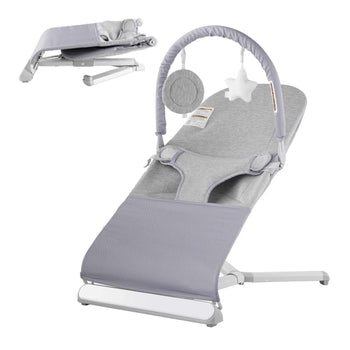 Baby Bouncer, Folding Bouncer Seat for Babies 0-9 Months, Newborn Bouncer Chair with 2 Reclining Angles & Rotatable Toy Bar, Portable Infant Rocker with Travel Bag for Indoor Outdoor, Light Gray