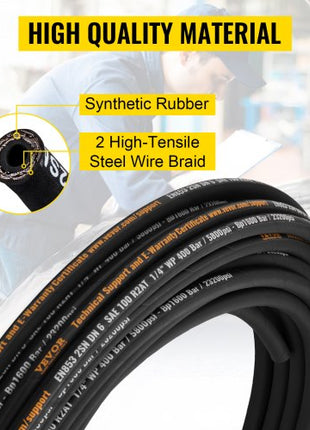 Hydraulic Hose 1/4 inch x 100 ft, Coiled Hydraulic Hose 5800 PSI, Rubber Hydraulic Hose with 2 High-Tensile Steel Wire Braid, Bulk Hydraulic Hose -20? to 140?, Hydraulic Oil Flexible Hose