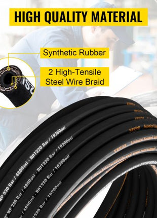 Hydraulic Hose 3/8 inch x 100 ft, Coiled Hydraulic Hose 4800 PSI, Rubber Hydraulic Hose with 2 High-Tensile Steel Wire Braid, Bulk Hydraulic Hose -20°C to 140°C, Hydraulic Oil Flexible Hose