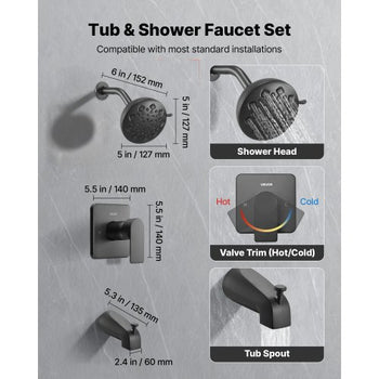 Tub and Shower Faucet Set, 5-Inch Rainfall Shower Head and Bathtub Spout, Complete Single-Handle Tub Trim Kit with Brass Pressure Balancing Valve, 8-Setting Adjustable Spray Modes, Matte Black