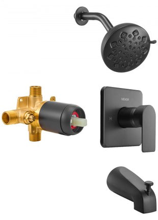Tub and Shower Faucet Set, 5-Inch Rainfall Shower Head and Bathtub Spout, Complete Single-Handle Tub Trim Kit with Brass Pressure Balancing Valve, 8-Setting Adjustable Spray Modes, Matte Black