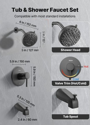 Tub and Shower Faucet Set, Complete with 5-Inch Rainfall Shower Head and Bathtub Spout, 8-Setting Adjustable Spray, Single-Handle Tub Trim Kit with Brass Pressure Balancing Valve, Matte Black