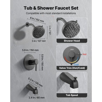 Tub and Shower Faucet Set, Complete with 5-Inch Rainfall Shower Head and Bathtub Spout, 8-Setting Adjustable Spray, Single-Handle Tub Trim Kit with Brass Pressure Balancing Valve, Matte Black