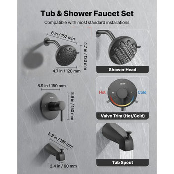 Tub and Shower Faucet Set, Complete with 4.7-Inch Rainfall Shower Head and Bathtub Spout, 9-Setting Adjustable Spray, Single-Handle Tub Trim Kit with Brass Pressure Balancing Valve, Matte Black