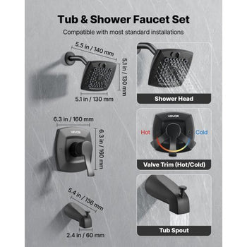 Tub and Shower Faucet Set, Complete with 5.1-Inch Rainfall Shower Head and Bathtub Spout, 5-Setting Adjustable Spray, Single-Handle Tub Trim Kit with Brass Pressure Balancing Valve, Matte Black
