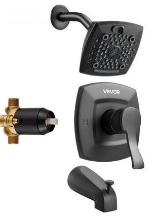Tub and Shower Faucet Set, Complete with 5.1-Inch Rainfall Shower Head and Bathtub Spout, 5-Setting Adjustable Spray, Single-Handle Tub Trim Kit with Brass Pressure Balancing Valve, Matte Black