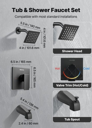 Tub and Shower Faucet Set, Complete with 4-Inch Rainfall Shower Head and Bathtub Spout, Single-Spray Single-Handle Tub Trim Kit with 304 Stainless Steel Valve Trim for Bathrooms, Matte Black