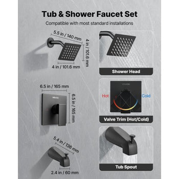 Tub and Shower Faucet Set, Complete with 4-Inch Rainfall Shower Head and Bathtub Spout, Single-Spray Single-Handle Tub Trim Kit with 304 Stainless Steel Valve Trim for Bathrooms, Matte Black