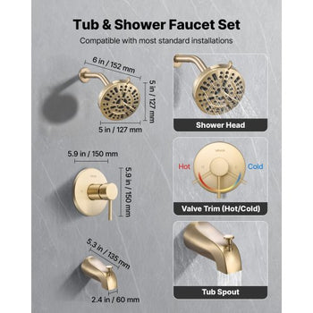 Tub and Shower Faucet Set, Complete with 5-Inch Rainfall Shower Head and Bathtub Spout, 8-Setting Adjustable Spray, Single-Handle Tub Trim Kit with Brass Pressure Balancing Valve, Gold Finish