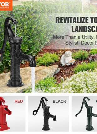 Antique Well Hand Pitcher Pump, 22ft Maximum Lift, Cast Iron Manual Hand Water Pump with Ergonomic Handle NPT1-1/4" Easy Installation, Old Fashioned for Outdoor Home Yard Garden Pond Farm, Black