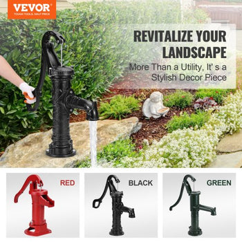 Antique Well Hand Pitcher Pump, 22ft Maximum Lift, Cast Iron Manual Hand Water Pump with Ergonomic Handle NPT1-1/4" Easy Installation, Old Fashioned for Outdoor Home Yard Garden Pond Farm, Black