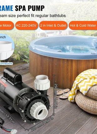 2 Speed SPA Pump, 56-Frame, AC220-240V Hot Tub SPA Pump, 3HP/200GPM/65.61ft High Speed or 0.4HP/100GPM/16.07ft Low Speed, 2" Port 90° Rotational Interface for Hot Tub, Tested to UL Standards