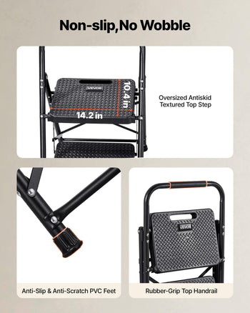 2 Step Ladder, Folding Step Stool with Wide Anti-Slip Pedal and Comfort Handgrip, Lightweight 600 lbs Capacity Portable Steel Ladder, Multi-Use for Kitchen, Home, Household and Office, Black