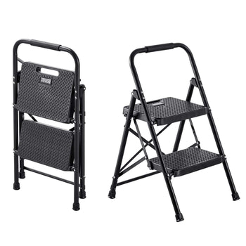 2 Step Ladder, Folding Step Stool with Wide Anti-Slip Pedal and Comfort Handgrip, Lightweight 600 lbs Capacity Portable Steel Ladder, Multi-Use for Kitchen, Home, Household and Office, Black