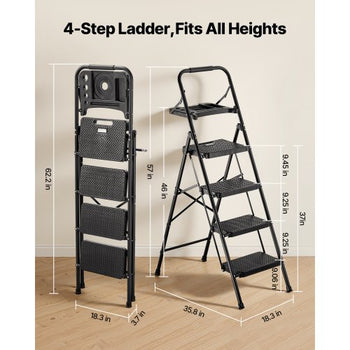 4 Step Ladder, Folding Step Stool with Wide Anti-Slip Pedal, Tool Tray, Comfort Handgrip, 600 lbs Capacity Portable Steel Ladder, Multi-Use for Kitchen, Home, Household and Office, Black