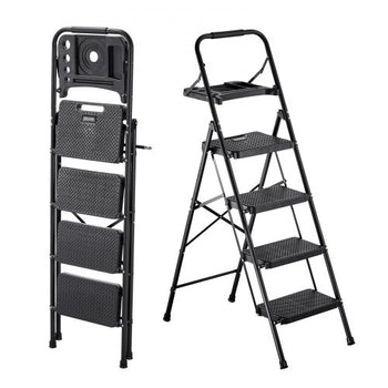 4 Step Ladder, Folding Step Stool with Wide Anti-Slip Pedal, Tool Tray, Comfort Handgrip, 600 lbs Capacity Portable Steel Ladder, Multi-Use for Kitchen, Home, Household and Office, Black