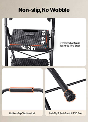 4 Step Ladder, Folding Step Stool with Wide Anti-Slip Pedal, Tool Tray, Comfort Handgrip, 600 lbs Capacity Portable Steel Ladder, Multi-Use for Kitchen, Home, Household and Office, Black