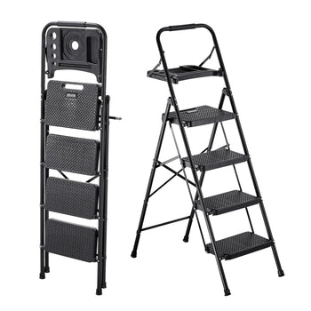 4 Step Ladder, Folding Step Stool with Wide Anti-Slip Pedal, Tool Tray, Comfort Handgrip, 600 lbs Capacity Portable Steel Ladder, Multi-Use for Kitchen, Home, Household and Office, Black