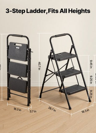 3 Step Ladder, Folding Step Stool with Wide Anti-Slip Pedal and Comfort Handgrip, Lightweight 600 lbs Capacity Portable Steel Ladder, Multi-Use for Kitchen, Home, Household and Office, Black